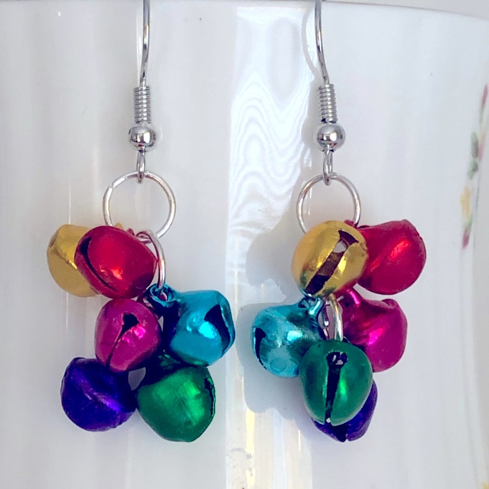 New Rainbow Jingle Bells Christmas Holiday Earrings Handmade Dangle Unique Gifts